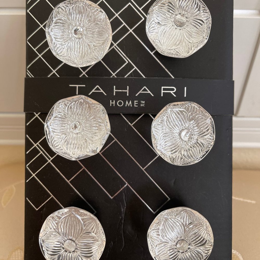 TAHARI HOME Set of 6 DRAWER Cabinet KNOBS Pull Clear Crystal Floral Design New